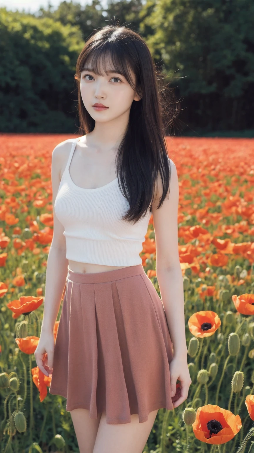 Masterpiece, Best quality, 8k, 18 ans, Photo brute, absurdes, Award-winning portrait, pure, japanese, vibrant poppy field, knit strap tanktop, micro skirt, big breast:1.3, open chest, (long hair), natural ligthing, pale skin:1.2