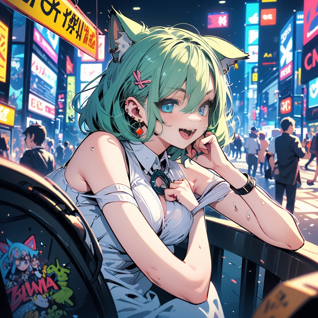 (8k, RAW Photo, Top Quality, Refined Details, Masterpiece: 1.2), (High Resolution 8k Wallpaper), Sharp Focus, Professional Lighting, Depth of Field, Cinematic Lighting, Background Blur, (1Girl:1.2),(small breasts:1.4), (green hair),cold shoulder top,midi skirt, animal ears, short hair, earrings, cat ears, blue eyes,(bold outline:1.5),(comic illustration:1.5),The background is the center of Shibuya's scramble crossing,