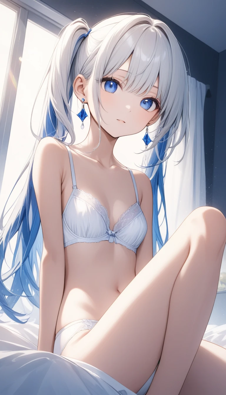 One,Cute  girl,Young face、Slim figure、Thin legs,((Simple earrings))、((White hair color、Bright cobalt blue inner color hairstyle、Straight hair type,Pigtails hanging around the shoulders), （((White bra and white panties)))、Beautiful Hair, Facial Contour, Remember、illumination、Splash, Lens Flare,Natural Color, High resolution, Very delicate, Very detailed, 8k,Shyness,((Sexual))、Hotel、Lying in bed、Sexualなポーズ、View angle from below