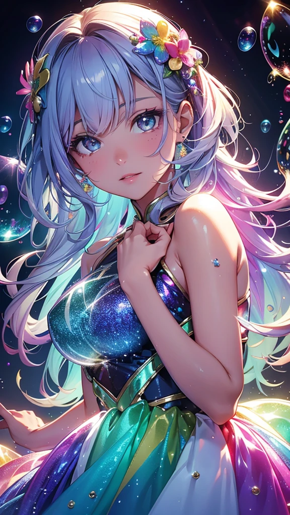 1girll, Frederica Berncastel, bangs, Blue bow, Blue hair, Blunt bangs, bow, breast hold, Cat tail, Crossed arms, dress, Long hair, Long sleeves, Purple eyes, Simple background, Solo, tail bow, tail ornament, tail raised, tail ribbon