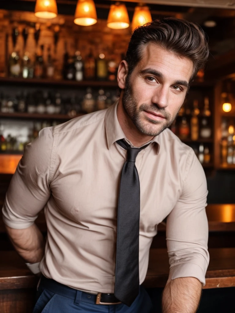 hair, portrait of a ruggedly handsome, muscular, half body, masculine, mature, Retrato de un joven, Muscular very handsome and attractive italian men, Retrato de un joven, real, 40-year-old dark-haired man with a fit body shape and hair, wearing a suit and tie, the background should be dark while he’s inside the bar, in front of the counter bar, creating a captivating atmosphere, repairman.