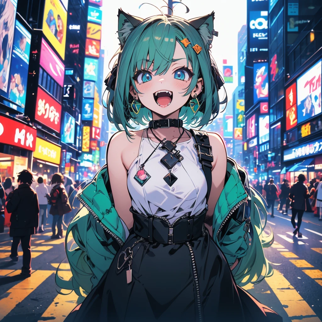 (8k, RAW Photo, Top Quality, Refined Details, Masterpiece: 1.2), (High Resolution 8k Wallpaper), Sharp Focus, Professional Lighting, Depth of Field, Cinematic Lighting, Background Blur, (1Girl:1.2),(small breasts:1.4), (green hair),animal ears, short hair, earrings, cat ears, blue eyes,(bold outline:1.5),(comic style:1.5),The background is the center of Shibuya's scramble crossing,