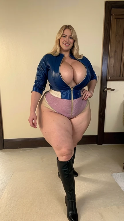 (best quality, 8k, high res, masterpiece: 1.2), ultra-detailed, realistic, physically based rendering, colorful, mountains, in the background a farm in Brittany, full body portrait, mouth open, black latex overknee boots, female, p-cup, nude, 33 years, 230 cm tall, tall, strong, standing, plump, curvy, plus size, overweight, thick lips, thick blonde long hair, hourglass figure, huge breasts, very large breasts, extremely wide shoulders, massive wide hips, slim waist, wasp waist, big butt like a horse, strong thighs, massive thighs, demanding, smiling, strict, wet pussy