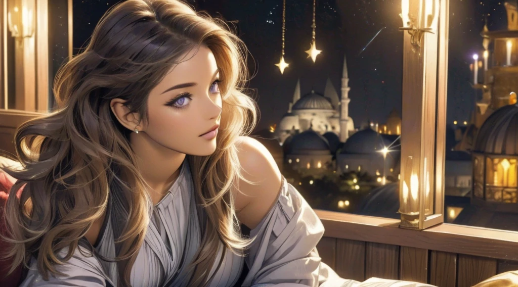 detailed background, masterpiece, top quality, drinking whiskey alone at window seat, Istanbul night life outside window, curly hair, long hair, purple eyes, stars in eyes , strapless blouse, long skirt