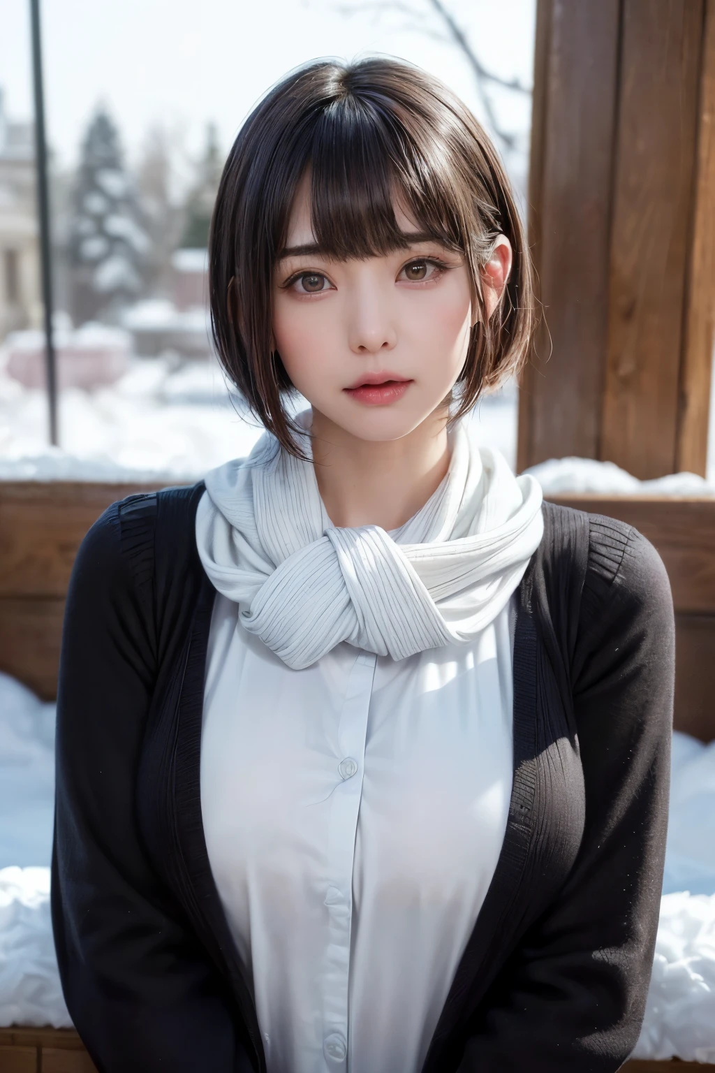 (On the table, quality),1 girl in, 独奏, 漆黒の艶のある髪quality, scarf, Hats, Realistic, looking at viewert, bright dark eyes, short detailed hair, Manteau, Winter clothes, ホワイトヘッドscarf, cparted lips, Gloss on lips,, a closed mouth, The upper part of the body、largeeyes、eye lashes、((the street))、((short hair cat with bangs、Leave your students with a very powerful highlight、ultra gigantic tits、Gaze towards the viewer、Very beautiful beauty、Please remove all ears、long neck、Small Smile、Shut your mouth and smile、Look firmly at the camera)))、