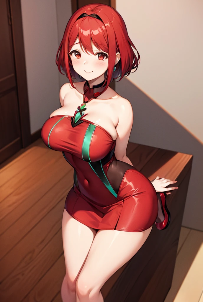 Pyra Homura, short reddish hair with ponytail, red dress with black lines, red headband, high-heeled slippers, one-room setting, friendly smile, slight blush, loving and cute attitude, cute and beautiful woman, 