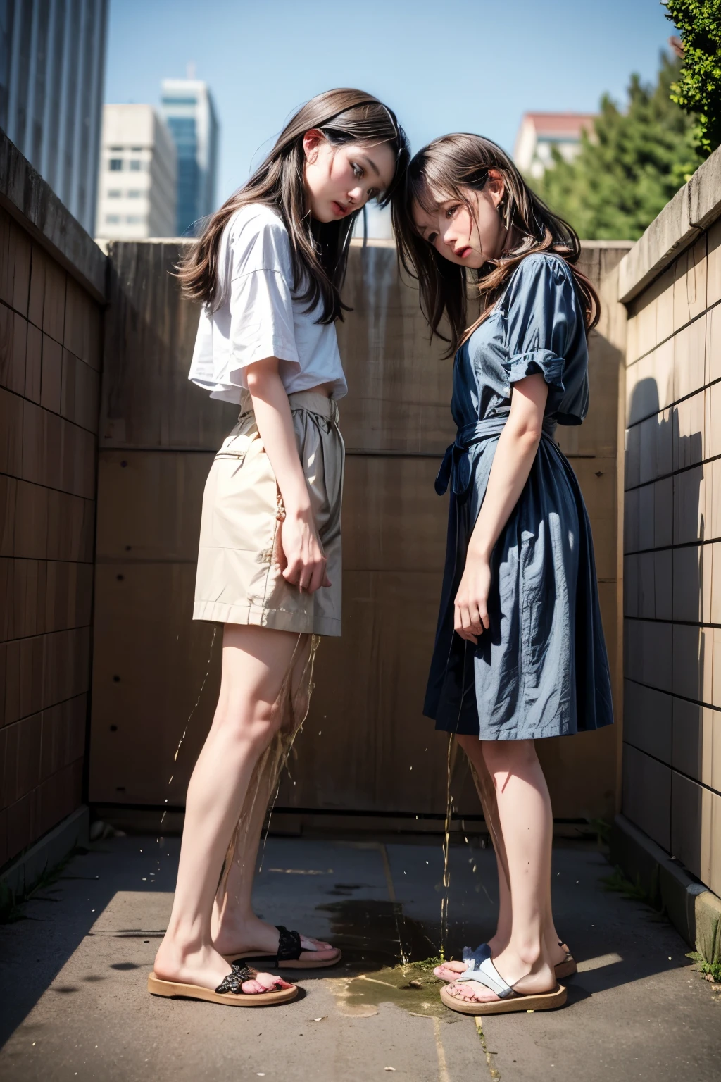 (best quality, masterpiece), high resolution, intricate details, extremely detailed, two ******* Japanese girls standing facing each other, (revealing minidresd, sandals), pale skin, detailed face, detailed eyes, sophisticated nose,
(peeing self, urinate forcefully in front, urinate vigorously on each other, urination:1.5), (pee puddle, pee stain, pee running down legs:1.2),
photo background, outdoors, daytime, 