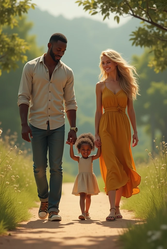 blonde father,with his little blonde daughter in his arms and his wife a black woman with black hair happy together