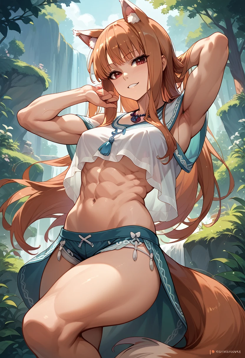 masterpiece,High resolution,Best Quality,8k
(Holo,Spice and Wolf)
(Muscular,Large,Six Pack Abs,Leg and arm muscles,Animal Ears,Beast&#39;s Tail)