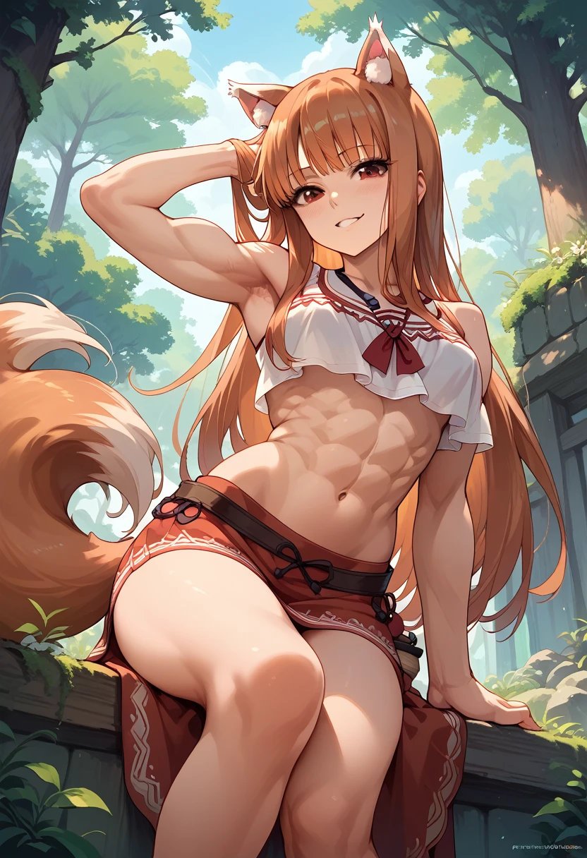 masterpiece,High resolution,Best Quality,8k
(Holo,Spice and Wolf)
(Muscular,Large,Six Pack Abs,Leg and arm muscles,Animal Ears,Beast&#39;s Tail)