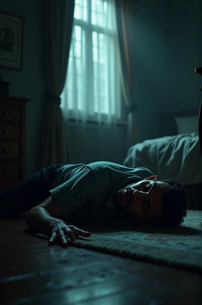 abandoned mansion, man wakes up with lamp beside him while monsters watch him