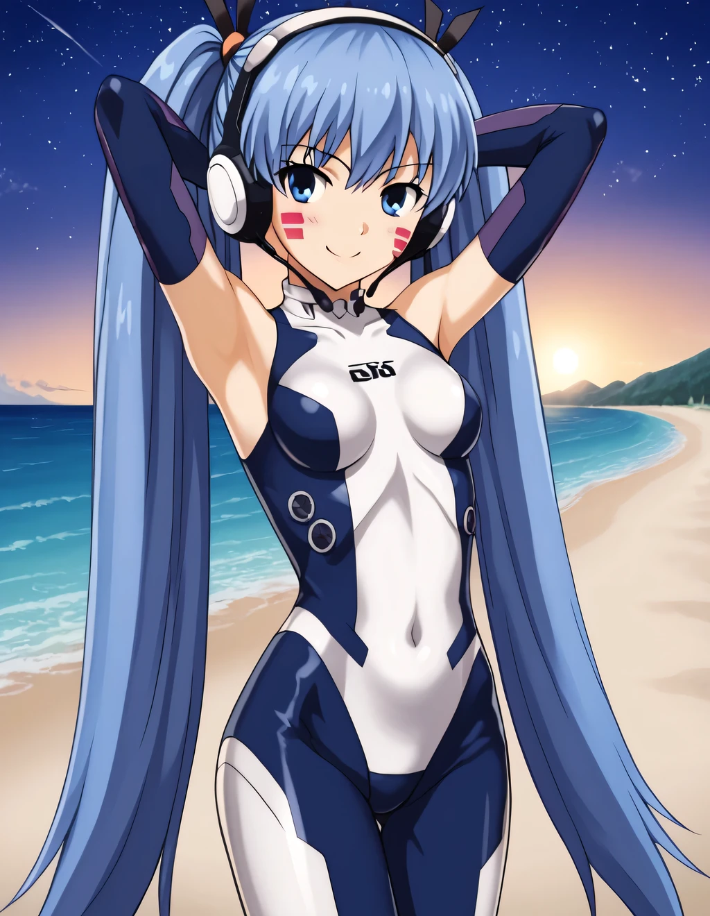 masterpiece, best quality, highres, aamio, long hair, twintails, facial mark, headphones, small breasts, white bodysuit, skin tight, gloves, dynamic pose, contrapposto, spread armpit, arms behind head, smile, solo, looking at viewer, upper body, cyberpunk, smile, night sky, beach,