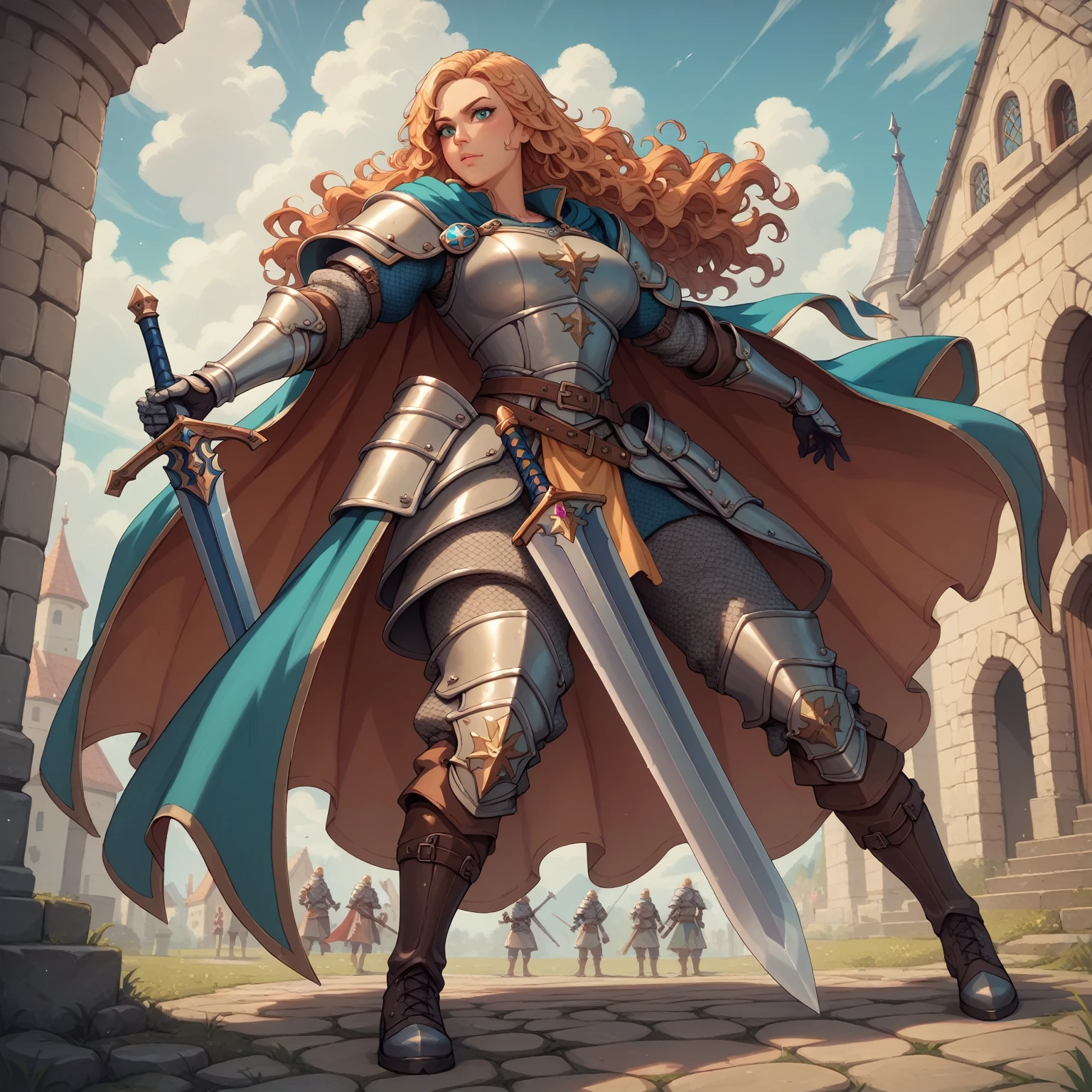 Kara Zor the Paladin Warrior in Paladin Clothing, voluptuous body, medieval, isekai, long wavy hair, split hair style, Full armor with cape, High combat boots, sword
