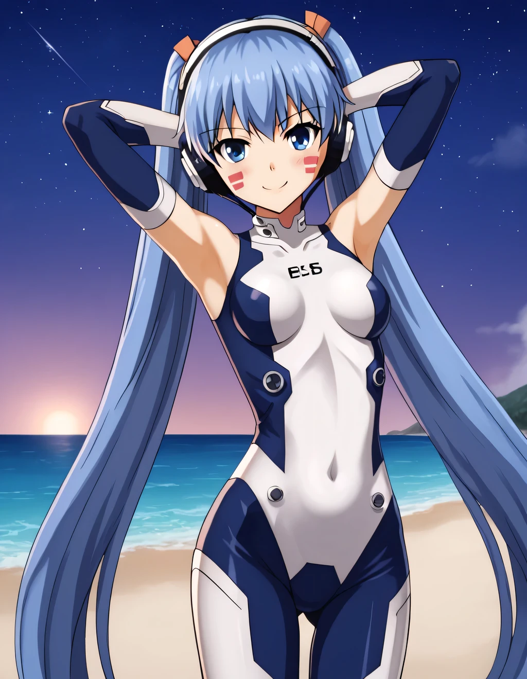 hermit mio, long hair, blue eyes, twintails, very long hair, blue hair, facial mark, headphones, gloves, bodysuit, covered navel, pilot suit, high quality, solo, looking at viewer, solo, {contrapposto}, spread armpit, arms behind head, smile, looking at viewer, (cowboy shot:1.5), closed mouth, night sky, beach, looking at viewer, blushing, best quality