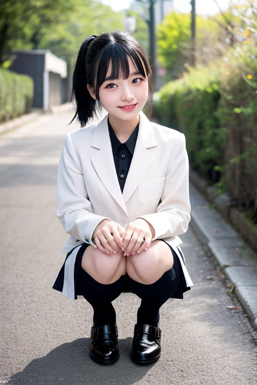 Kawaii Girl,japanes,​masterpiece、10 generations、（facing front:1.5）、（Structure taken from below:1.7）、Full body portrait、８K、Wearing a blazer uniform and short pleated skirt、Wearing black high knee socks、squatting with legs wide open,With the best image quality、Exquisitely detailed and beautiful face with smaller eyes and skin,beautiful a girl, cute little,Black hair,poneyTail、 hight resolution, ultra-detailliert, finely detail, ighly detailed, extremely detailed eye and face, Sharp pupils,Beautiful teenage girl squatting,In ultra-high resolution,Cute smile, Cinematic lighting,tranquil atmosphere、Beautiful fine details,extremely detailed eye and face、Smiling