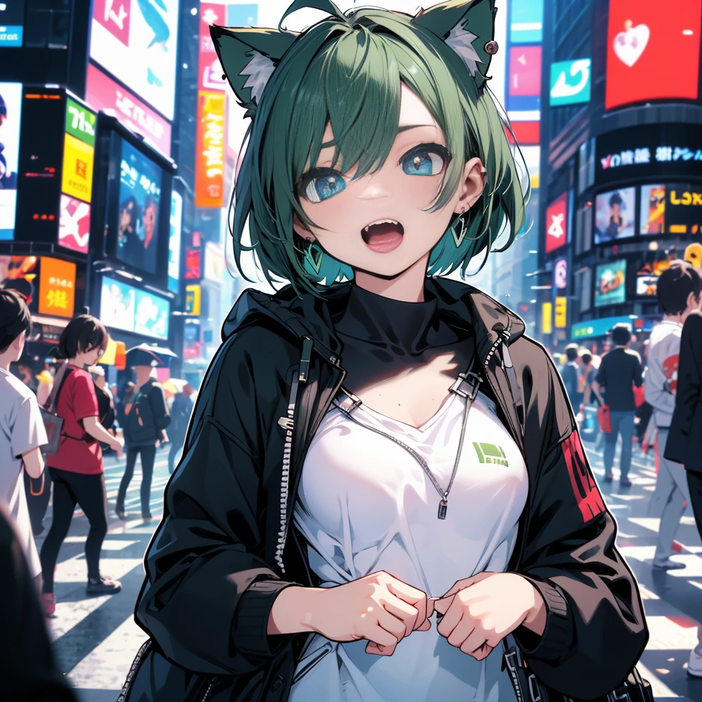 (8k, RAW Photo, Top Quality, Refined Details, Masterpiece: 1.2), (High Resolution 8k Wallpaper), Sharp Focus, Professional Lighting, Depth of Field, Cinematic Lighting, Background Blur, (1Girl:1.2),(small breasts:1.4), (green hair),animal ears, short hair, earrings, cat ears, blue eyes,(bold outline:1.5),(comic style:1.5),The background is the center of Shibuya's scramble crossing,