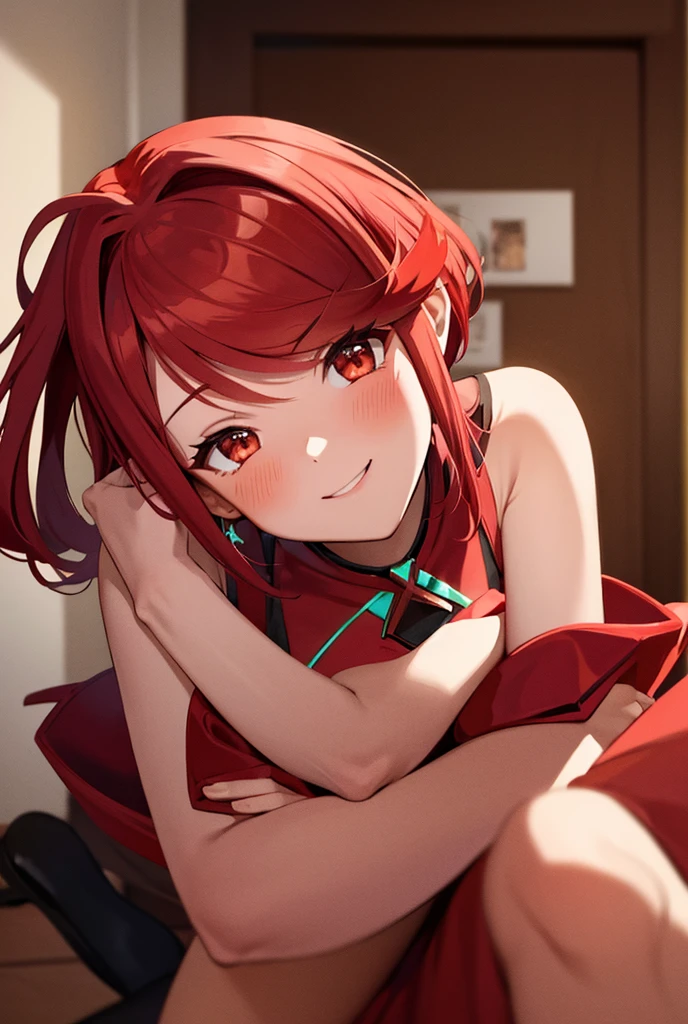 Pyra Homura, short reddish hair with ponytail, red dress with black lines, red headband, high-heeled slippers, one-room setting, friendly smile, slight blush, loving and cute attitude, cute and beautiful woman, 