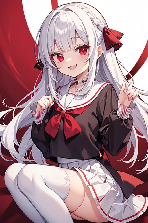 Vampire, red ribbon sailor shirt, red eyes, white skirt, white hair, french braid, white thighhighs, fangs, mischievous smile