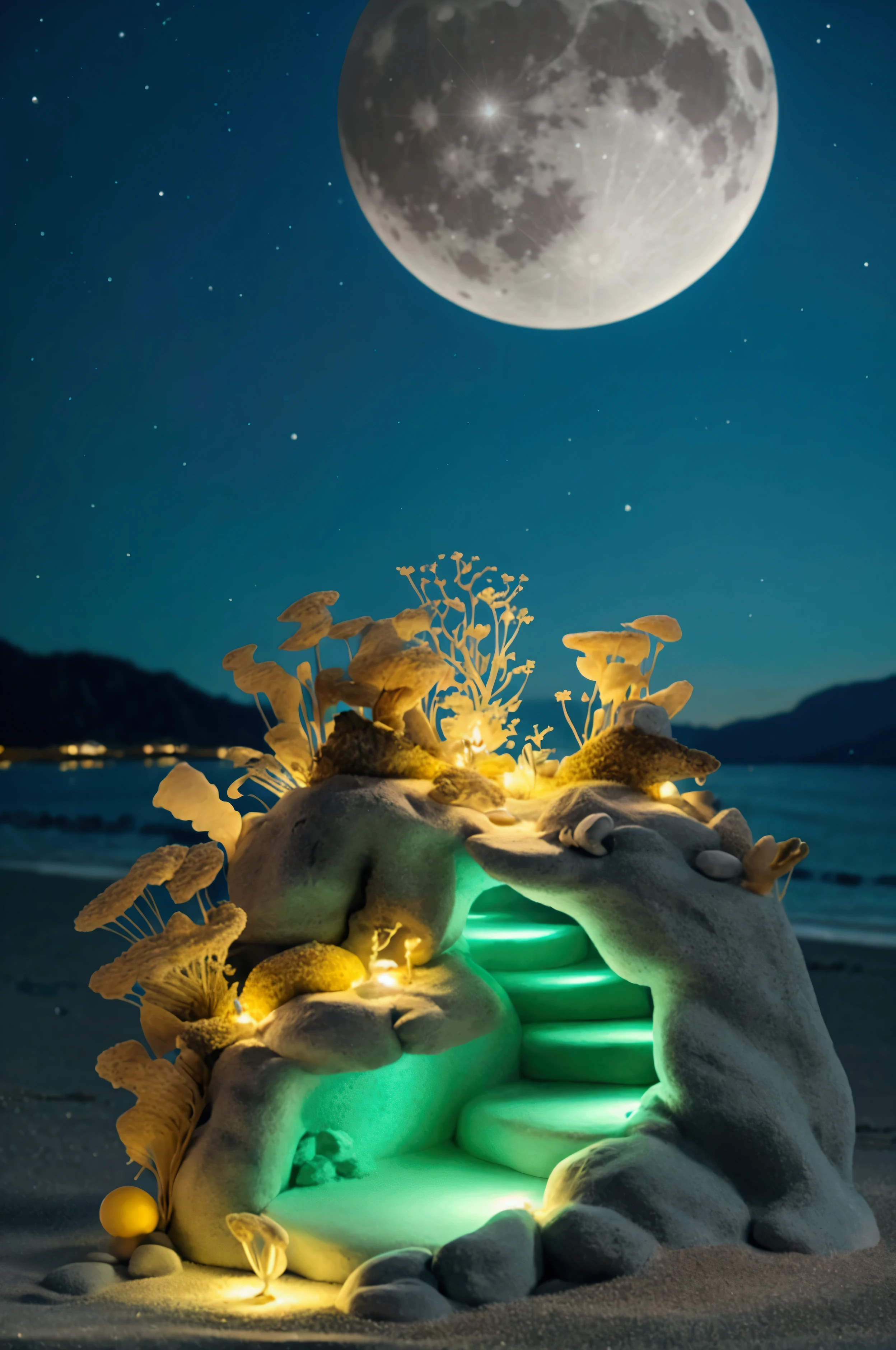 Fantastic big moon moonlight beach sparkling sand beach bioluminescent plankton high resolution, masterpiece, Best Quality, High detail, High-resolution model, Very detailed, Ultra high definition, landscape