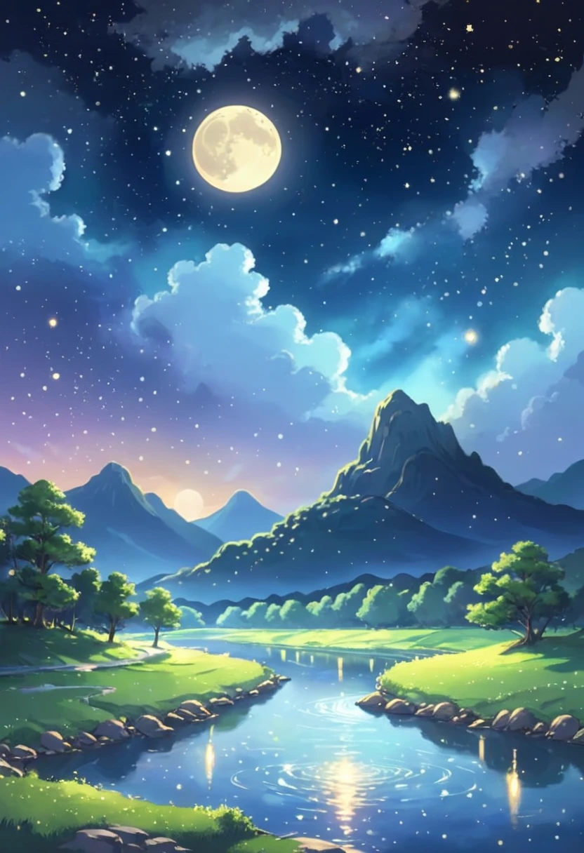 A painting of a river with stars and moon in the sky, concept art inspired by Tosa Mitsuoki, pixiv contest winner, best quality, fantasy art, beautiful anime scene, a bright moon, moonlit starry environment, dream painting, Anime Background Art, Fantasy Landscape Art, Fantasy Night, Anime Background, Background Artwork, Fantastic Art, Atmospheric Anime, Starry Sky, Detail Enhanced.