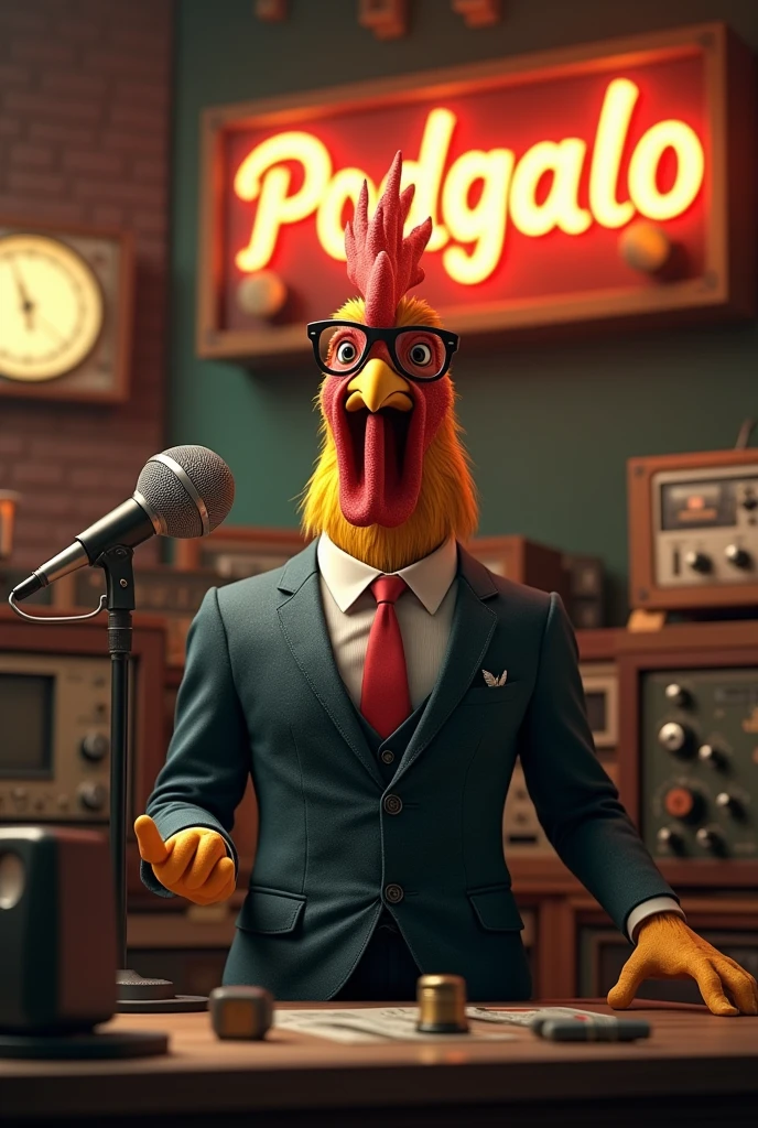 Rooster wearing glasses being an announcer in a radio studio, and a sign in the background that says PodGalo