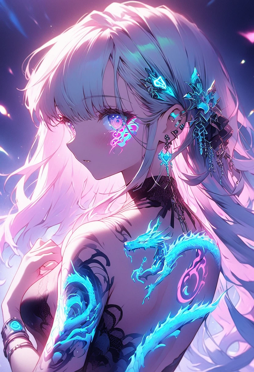 cyberpunk、Artistic anime illustration of a cool girl adorned with thick, glowing neon dragon tattoos on her body and face、Neon glow、The scene has a dreamy, soft-focus effect that accentuates the brilliance of the tattoo.Glare、Back of the hand、Looking at the front