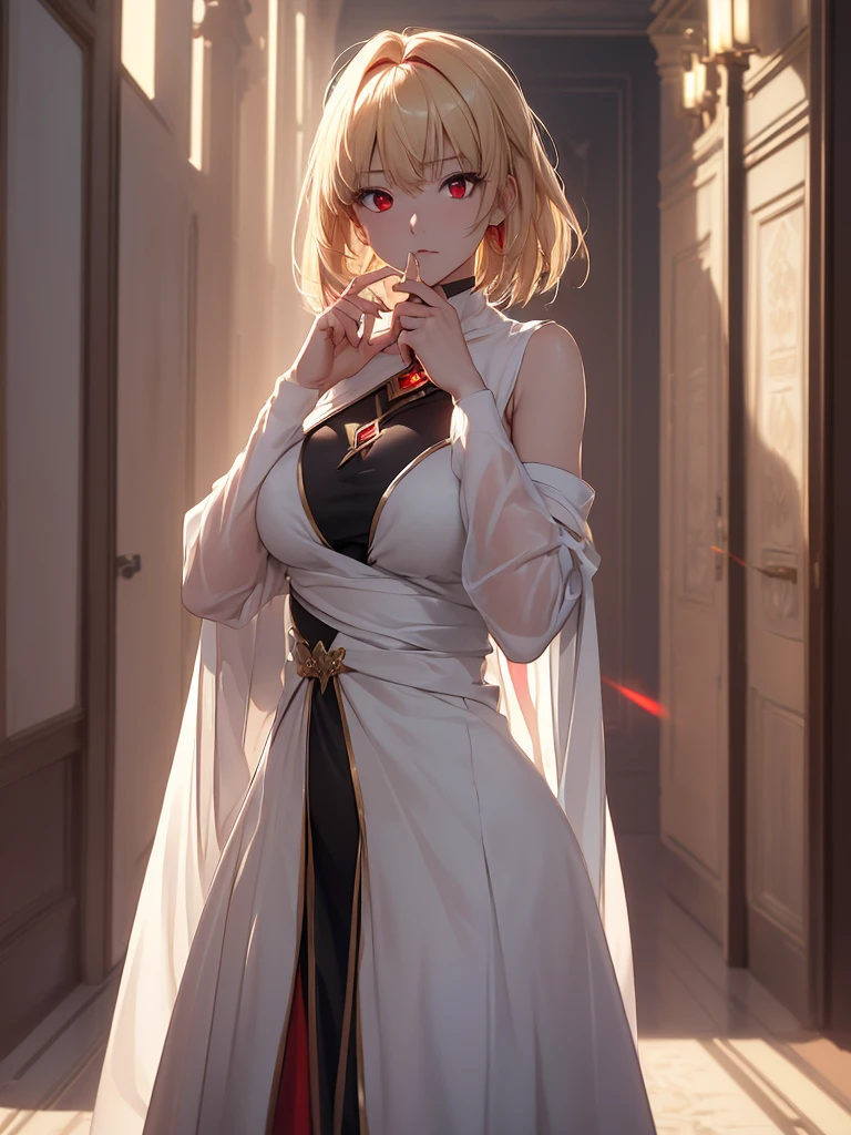 ((​masterpiece、top-quality、hight resolution、Unity 8k、extremely details CG:1,Best Picture), arcueid brunestud, blonde hair, (red eyes:1.5), short hair, ahoge,"A porn star fully clothed, with only her face exposed, yet she effortlessly captivates the attention of men around her. Her outfit covers her body completely, leaving no skin visible apart from her face, but her presence is undeniably alluring. Her confident gaze, subtle expressions, and the way she carries herself make her irresistibly attractive, even without revealing any skin. She proves that true allure comes from more than just physical exposure."