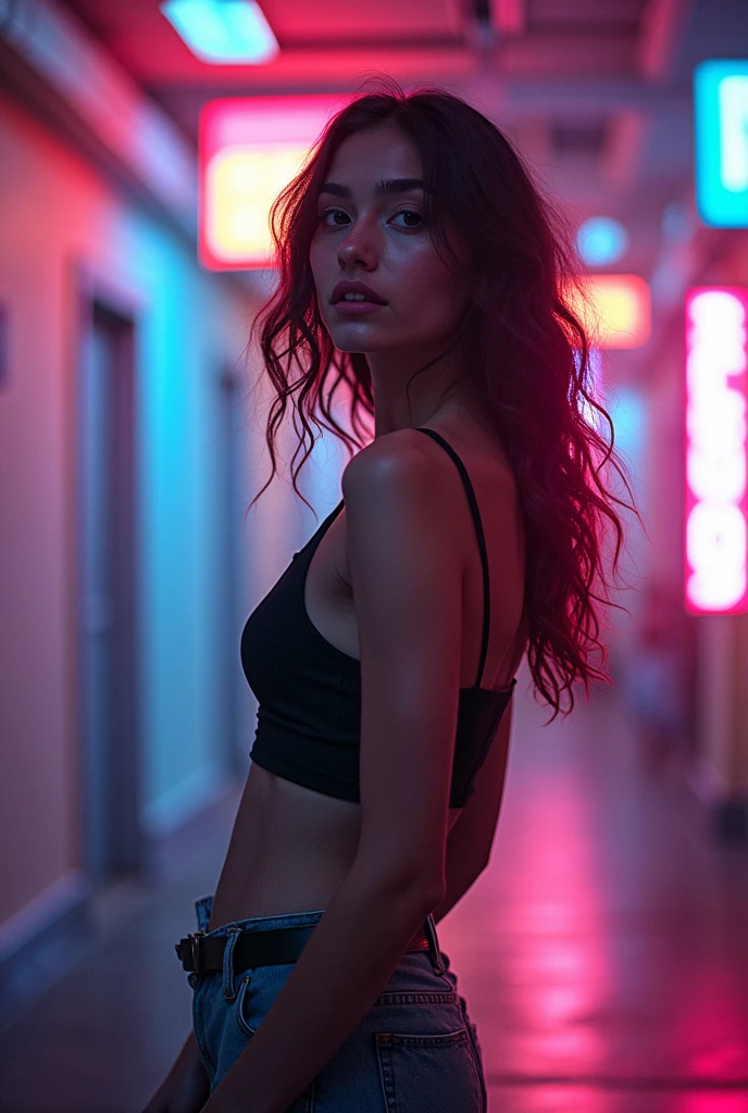 hot dusky girl in bikini with neon lights