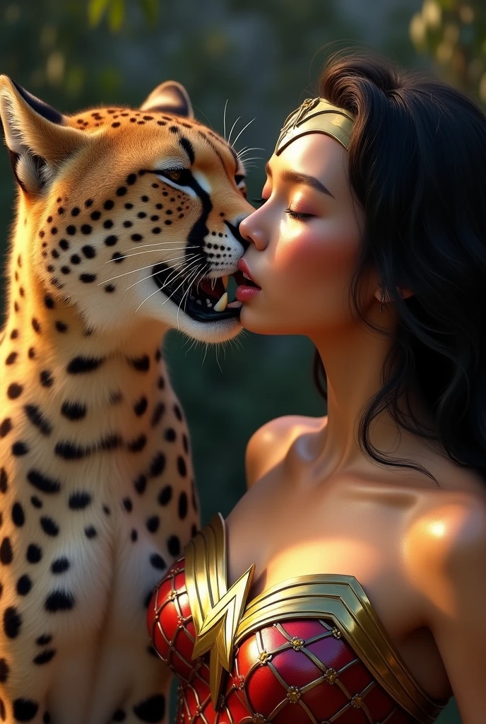Gorila and Wonder woman hug. Gal gadot as wonder woman sith witn gorilla, she naked and kissing gorillas in the jungle. Gorilla squeezes Wonder Womans breasts. Nude and big breast. Make realistic , 8K, ultra HD. Detail . Detail Gorila body. No solo. Detail cum o face