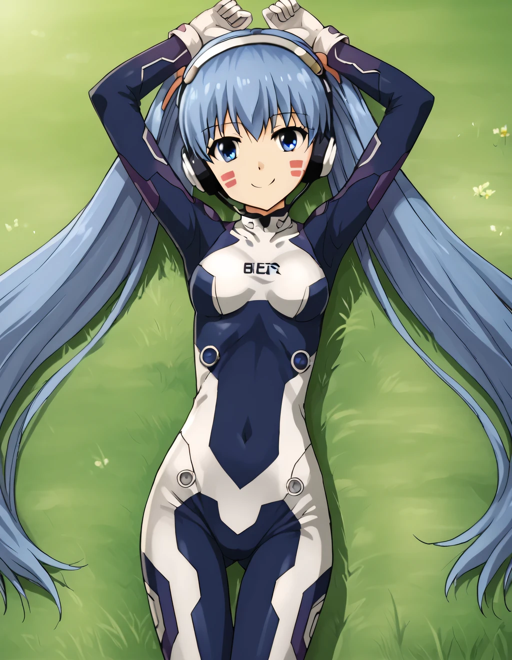 hermit mio, anime coloring, long hair, blue eyes, twintails, very long hair, blue hair, facial mark, headphones, gloves, bodysuit, covered navel, pilot suit, high quality, solo, lying, on back, arms up, spread arms, closed mouth, on grass, cowboy shot, looking at viewer, smile, shy, best quality,