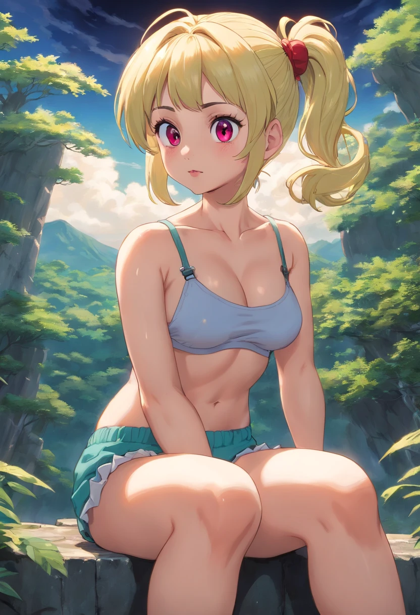 looking away,1girl,arms behind head,arms up,blonde hair,breasts,curvy,earrings,evening,eyelashes,eyeshadow,from below,hoop earrings,huge breasts,jewelry,jogging,long hair,makeup,navel,outdoors,parted lips,ponytail,shiny skin,short shorts,shorts,sidelocks,signature,sky,steam,steaming body,stomach,sweat,tree,underboob,wide hips,sem,roupa)(peito,seios)(bicos de peito)amostra (camiseta transparente)((cor de pele)) ((black))