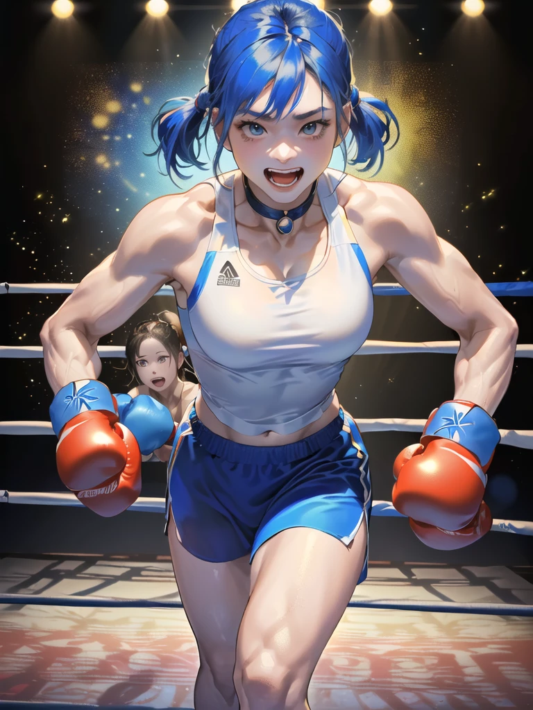 atwoman:1.1),(women:1.4),black short hair,比基尼,(boxing ring:1.4),full_shot,smile,claw_pose ,Run towards the camera ,(Scars and abrasions:1.5), angry, fight