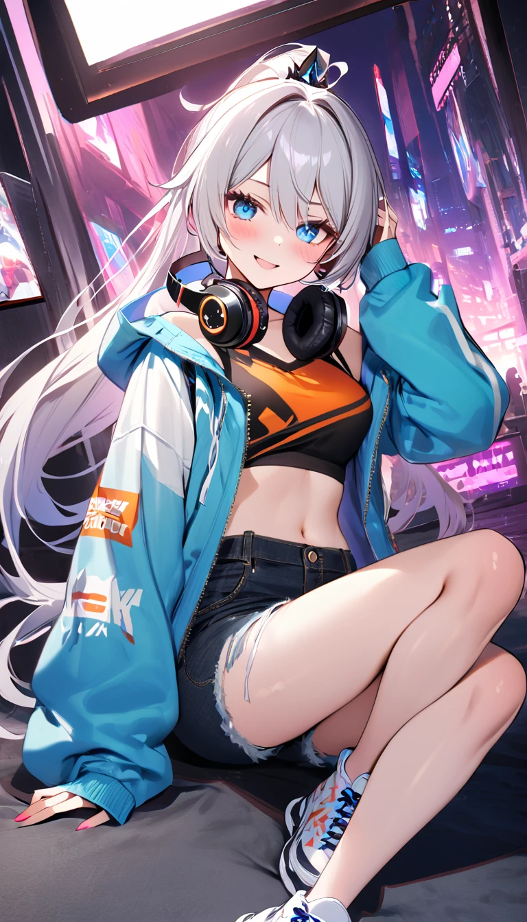 ultra HD, high-resolution, detailed, (highly detailed:1.5), (sharp focus:1.4), (crisp edges:1.3), 1girl, upper body, kiana kaslana \(honkai impact 3rd\), herrscher of finality, white hair, ahoge, ponytail, long hair, blue eyes, looking at view, blush, close mouth, (oversized jacket:1.5), (crop top:1.6), (ripped denim shorts:1.4), (sneakers:1.4), (headphones:1.4), (streetwear:1.4), gameplay, smile, computer screens, gameplay, vtuber, gamer, (holding a game controller), (night theme:1.0),