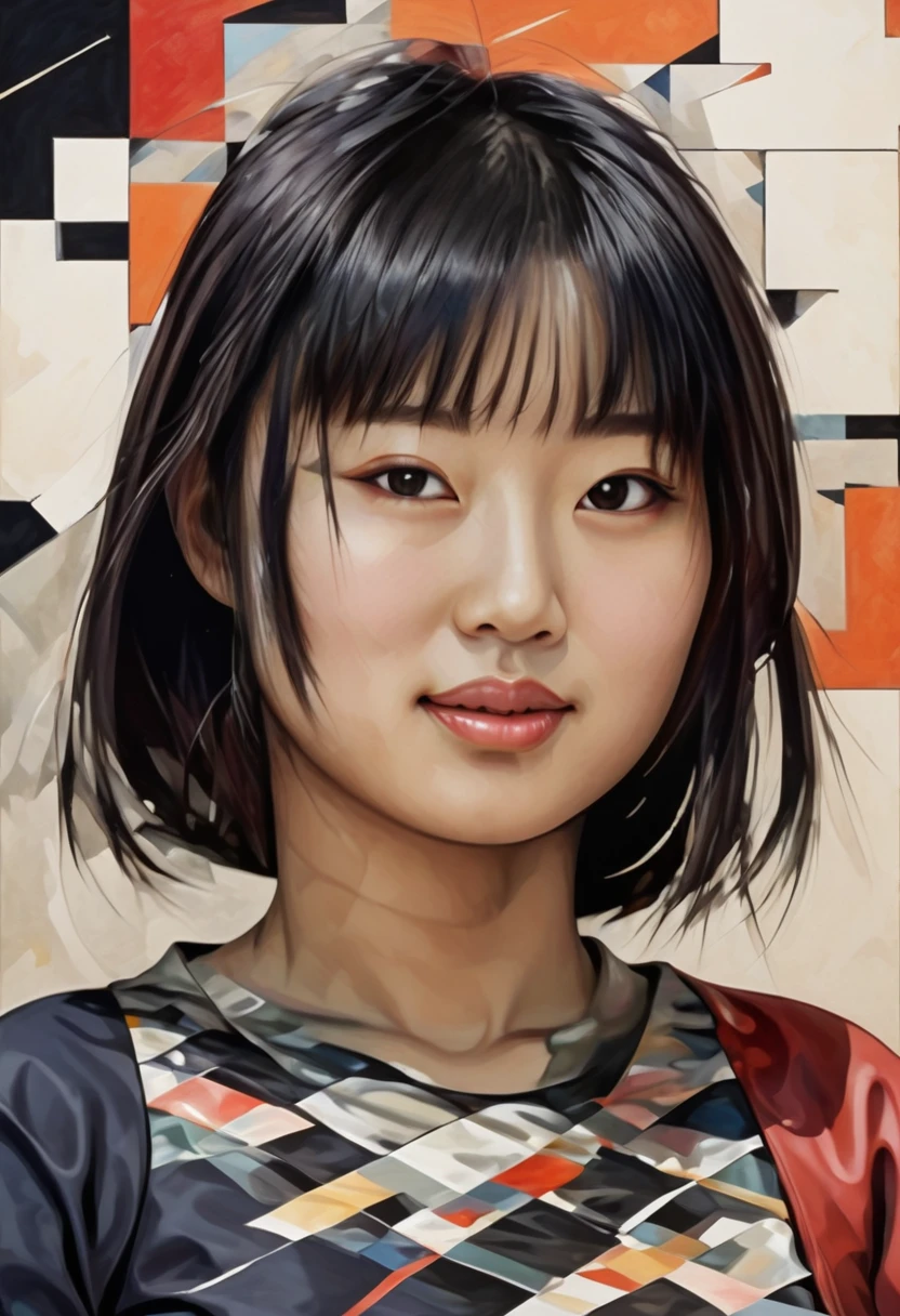 a half body portrait,,japanese girl,Abstract portrait painting, comics style vector drawing, the cubist form over a woman, female , Realistic, medium shot, High detail, 1950 Retro Future, rectangles and squares, art drawings, edges, lines, decorations, geometric multiplier layer with squares and rectangles and cubist layers on geometric background. jackson pollock details,kodew