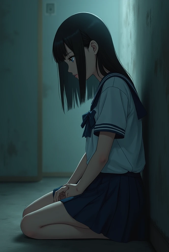 "Create an anime-style image of a young 25 year old girl sitting alone on the cold, sterile floor of a hospital corridor. Her posture is fragile, with knees drawn close to her chest and arms wrapped around them. Her head is slightly bowed, and her long, dark hair partially obscures her face, but the visible eye reflects deep sorrow and hopelessness. Streaks of dried blood can be seen on her face, adding a raw, unsettling element to her already grief-stricken expression. The hospital corridor is dimly lit with cold, bluish tones, casting long, foreboding shadows from the closed doors along the walls. The shadows seem to creep towards her, emphasizing her isolation and the darkness closing in on her emotional state. Small details like crumpled tissues beside her, a faint reflection on the polished floor, and the subtle bloodstains on her clothes and hands add depth to the scene, capturing the overwhelming grief, trauma, and despair following a tragic and violent event."