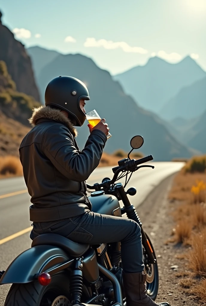 David Bowie dressed in flannel drinking beer on his motorcycle