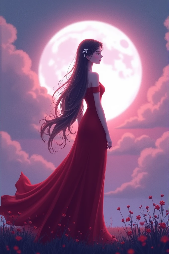 mulher em um vestido vermelho com cabelo longo e uma lua cheia, stunning digital illustration, detalhes intrincados, highes definition, 8k