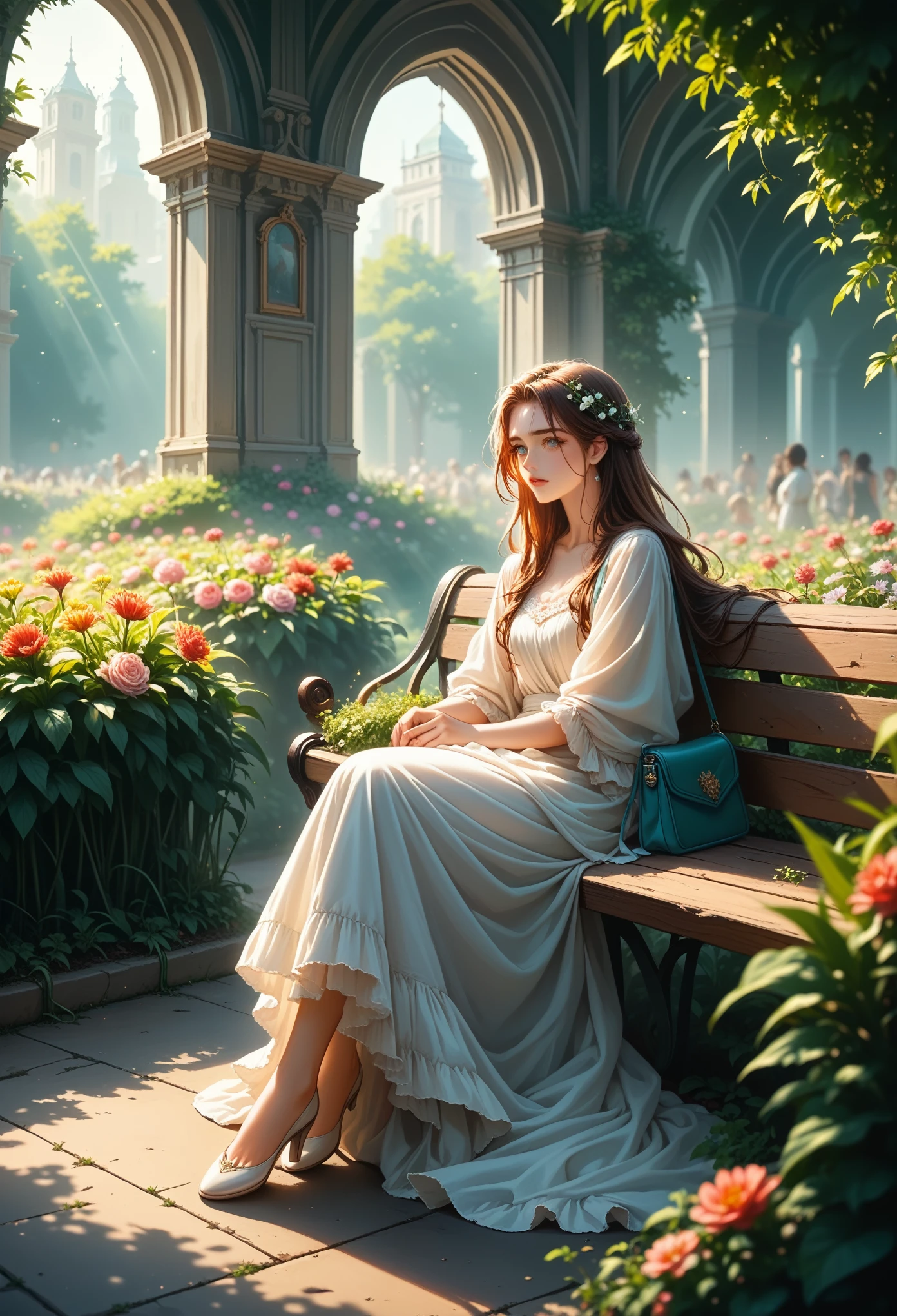 Anime Girl Beauty, ideal anatomy, Bright, sexy, sits on a bench in the hands of a newspaper, There is a handbag nearby, Small Path, von Park Where People Relax with Green Grass and Beautiful Plants, flower beds, Pleasant Gentle Wind, Develops Her Hair, Very Beautiful and Captivating Picture, Full Detailing, masterpiece, score_9, score_8_up, score_7_up, dramatic lighting, highly detailed, high budget, bokeh, cinemascope, moody, epic, gorgeous, film grain, grainy, masterpiece, best quality, perfect anatomy, very aesthetic, official art, 8k, Shine, Warm Rays of the Sun, Soft clouds,