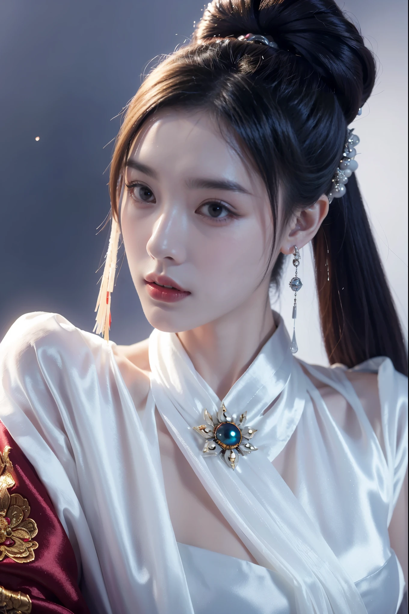 Game art，The best picture quality，Highest resolution，8K，((A bust photograph))，((Portrait))，((Head close-up))，(Rule of thirds)，Unreal Engine 5 rendering works， (The Girl of the Future)，(Female Warrior)， 2 girl，(Ancient Chinese women)，(Rainbow hair，Ancient Oriental hairstyle)，((The pupils of the red eyes:1.3))，(A beautiful eye full of detail)，(Big breasts)，(Eye shadow)，Elegant and charming，indifferent，((Anger))，(A silk coat with ancient Chinese style，Bellyband，The clothes are decorated with patterns with Chinese characteristics，A flash of jewellery，White)，(The clothes are made of silk:1.5)，figure，fantasy style， photo poses，city background，Movie lights，Ray tracing，Game CG，((3D Unreal Engine))，OC rendering reflection pattern