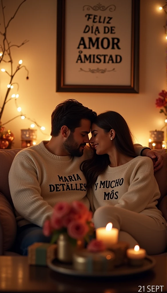 "En esta encantadora imagen, Raul y Viviana posan juntos, ambos vistiendo sudaderas que llevan sus nombres en letras elegantes y llamativas. The gesture of wearing their names on their clothes symbolizes the special bond they share. Sus sonrisas brillantes y la proximidad en su abrazo reflejan el amor y la complicidad que comparten como pareja. The image captures the sweetness and connection between Raul and Viviana, A couple who show their affection in a personal and unique way."