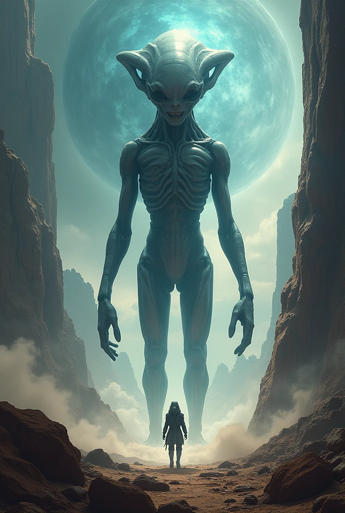 a man standing in a desert-like environment, with a large, strange-looking creature looming over him. The creature appears to be a large, furry, alien-like being, with a round head and a long, thin body. The man is holding a walking stick, and the scene is set against a backdrop of a starry night sky. planet, star (sky), 1other, sky, space, sword, weapon, standing, from behind, scenery, giant, starry sky, 1boy, desert, solo