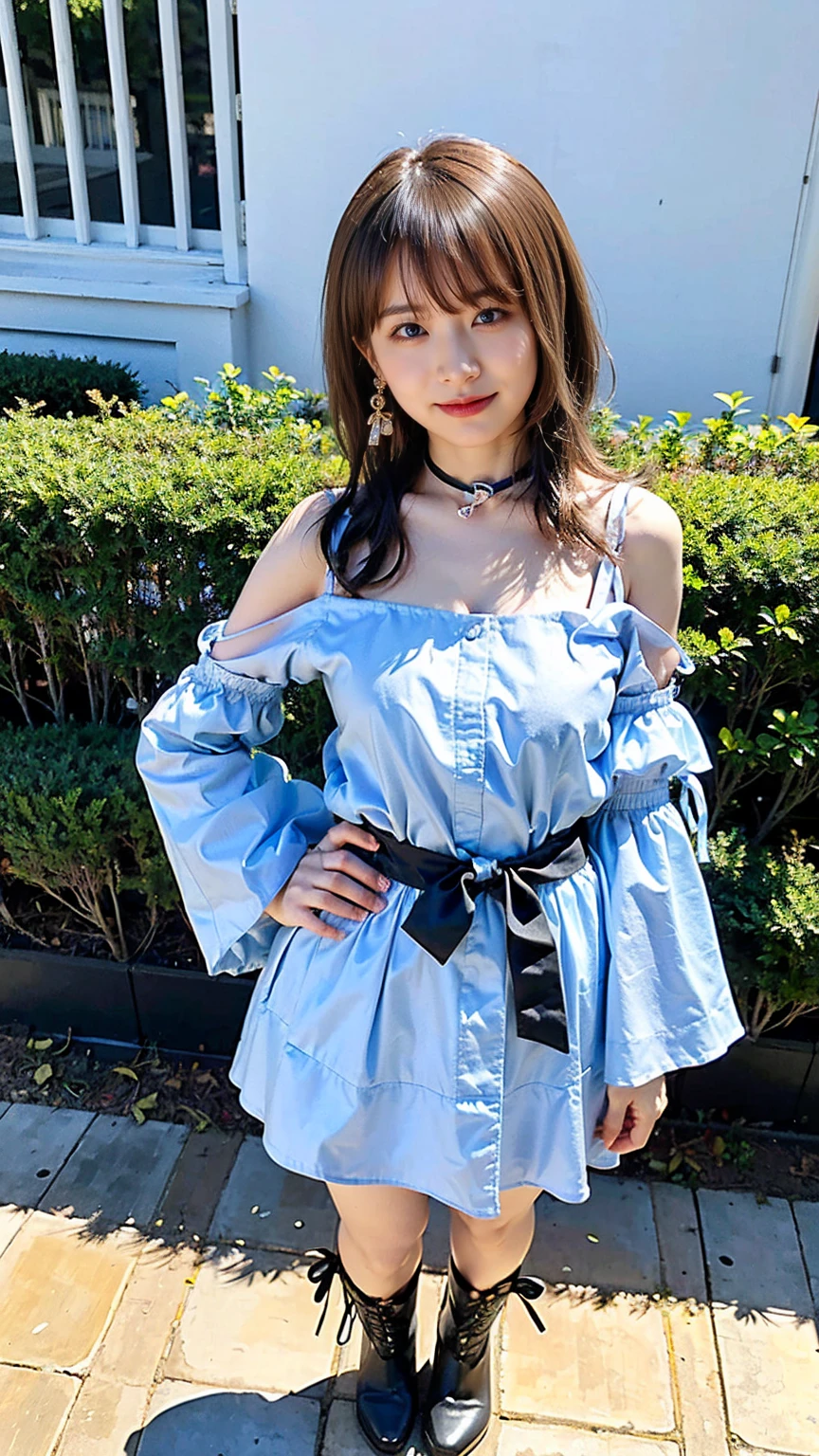 (8k、RAW Photos、Best Quality、masterpiece:1.2)、(Realistic、Realistic)、1 person、((Light blue and black dress、Cleavage、Off the shoulder、Sleeveless、See-through、黒チェックtraight Hair、Medium Hair、mini skirt、boots、garden、smile、View from the front、Stand with hands on hips、whole body、Looking into the camera、Big black ribbon on waist))、cute