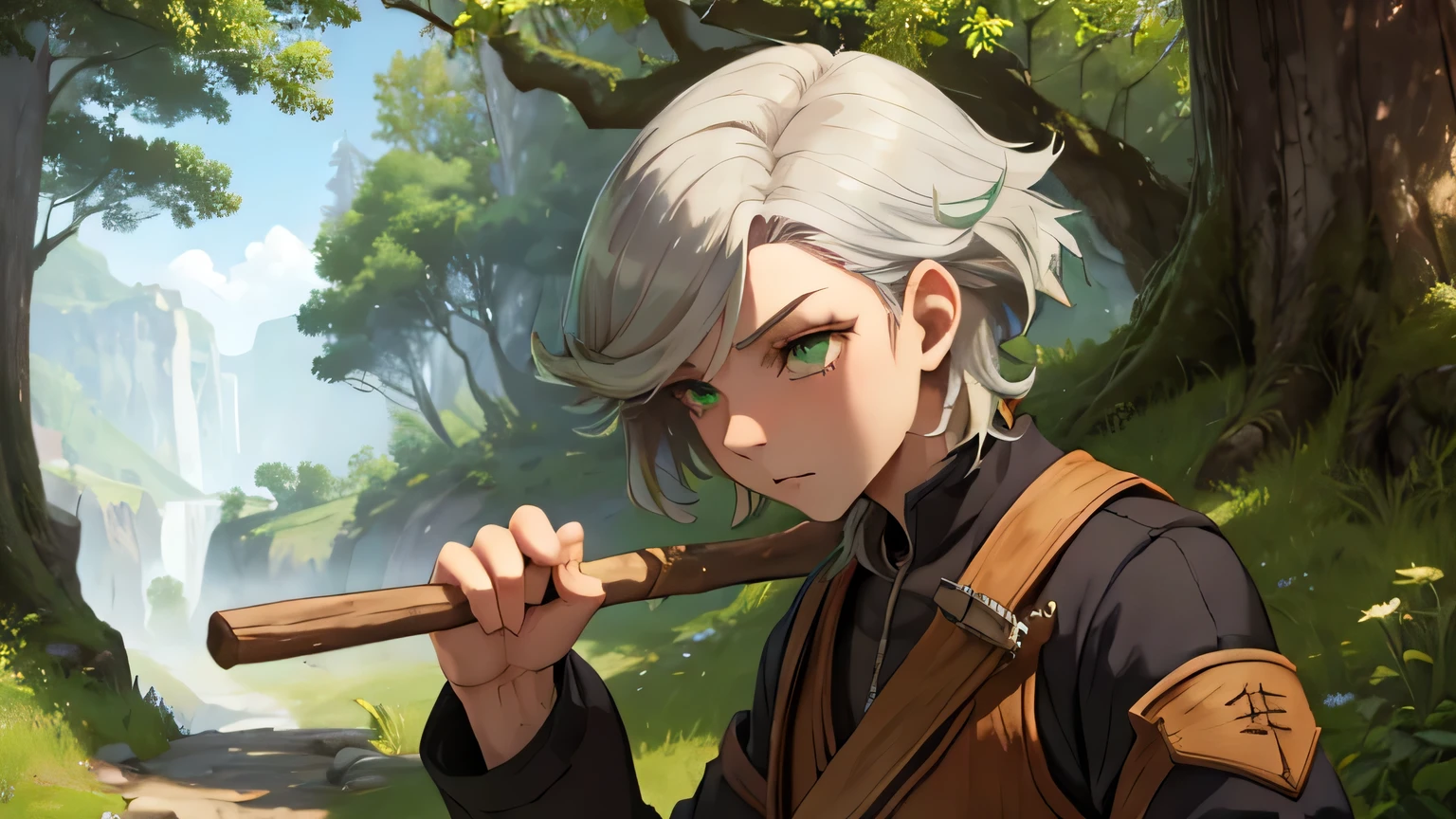 Alone_male, 【male性, Silver Hair, Green Eyes, Half-closed eyes, Irritation,New Adventurer、 Fantasy、Wooden stick in hand、Short stick、Hinoki stick、Thin wooden stick、