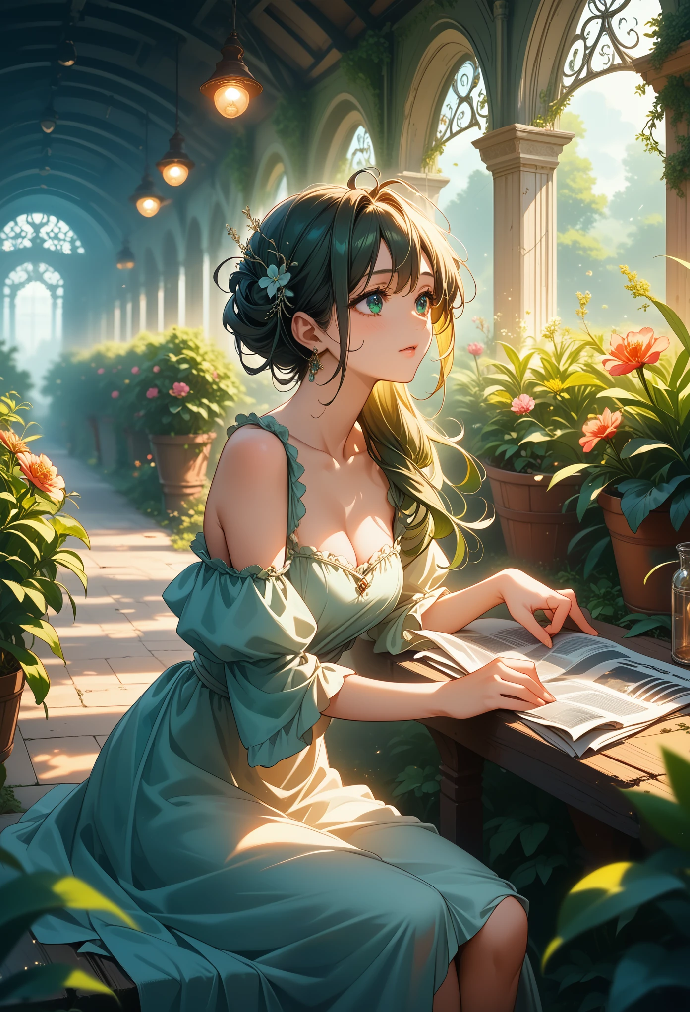 Anime Girl Beauty, ideal anatomy, Bright, sexy, sits on a bench in the hands of a newspaper, There is a handbag nearby, Small Path, von Park Where People Relax with Green Grass and Beautiful Plants, flower beds, Pleasant Gentle Wind, Develops Her Hair, Very Beautiful and Captivating Picture, Full Detailing, masterpiece, score_9, score_8_up, score_7_up, dramatic lighting, highly detailed, high budget, bokeh, cinemascope, moody, epic, gorgeous, film grain, grainy, masterpiece, best quality, perfect anatomy, very aesthetic, official art, 8k, Shine, Warm Rays of the Sun, Soft clouds,