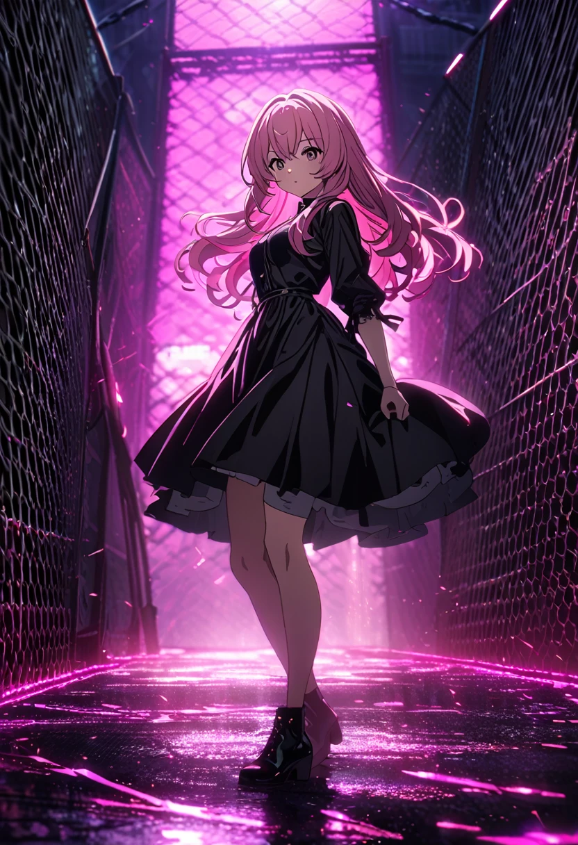 A beautiful detailed anime girl with long pink hair, wearing a black dress, standing in a chain link fence, (chica anime), violet light beams around her, highly detailed, 8k, cinematic lighting, vibrant colors, masterpiece