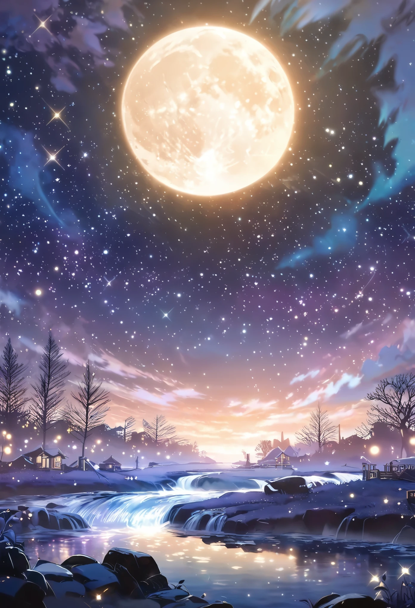 A painting of a river with stars and moon in the sky, concept art inspired by Tosa Mitsuoki, pixiv contest winner, best quality, fantasy art, beautiful anime scene, a bright moon, moonlit starry environment, dream painting, Anime Background Art, Fantasy Landscape Art, Fantasy Night, Anime Background, Background Artwork, Fantastic Art, Atmospheric Anime, Starry Sky, Detail Enhanced.