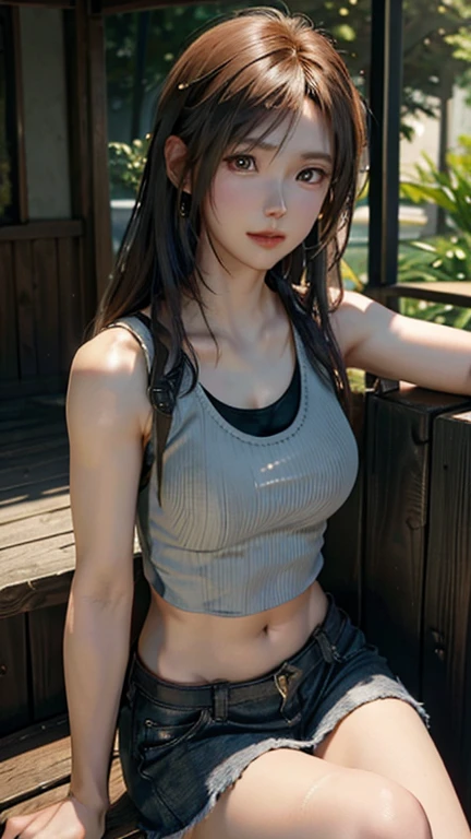 realistic, 1girl, long black hair, black eyes, big round breasts, slightly curvy body, pure white skin, shining eyes, white crop top, black skirt, blush, night, flowers, sun, sunshine