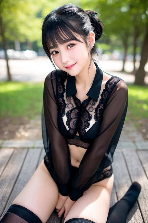 Kawaii Girl,japanes,​masterpiece、10 generations、（facing front:1.5）、（Structure taken from below）、Full body portrait、８K、Wearing a black lace micro bikini、Wearing black high knee socks、,With the best image quality、Exquisitely detailed and beautiful face with smaller eyes and skin,beautiful a girl, cute little,Black hair,poneyTail、 hight resolution, ultra-detailliert, finely detail, ighly detailed, extremely detailed eye and face, Sharp pupils,Beautiful teenage girl ,In ultra-high resolution,Cute smile, Cinematic lighting,tranquil atmosphere、Beautiful fine details,extremely detailed eye and face、Smiling,dymamic pose.