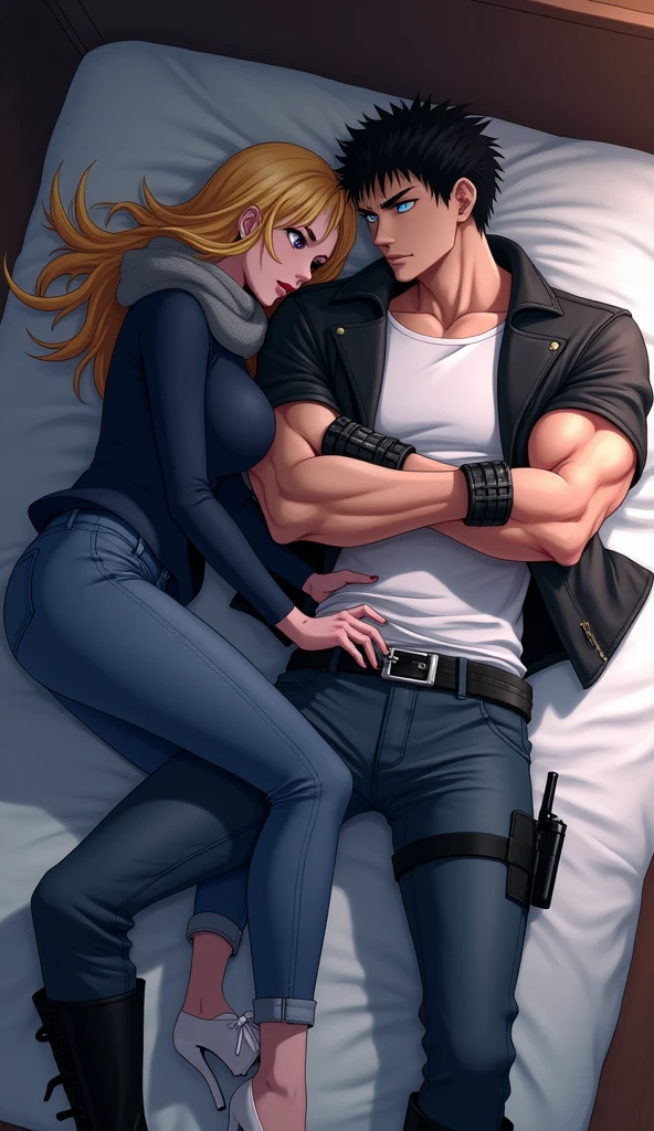  a strong man in his pants and attractive and handsome on top of an attractive and sexy woman in an airplane having a passionate moment 