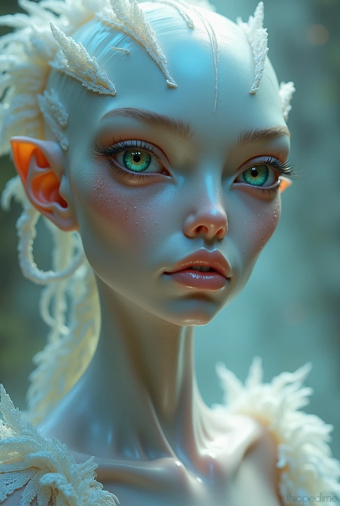 (highres,masterpiece:1.2),ultra-detailed,portrait,tiny detailed fairy with(insect wings),big mushroom,green under clothes,bare midriff,holding big leaf as umbrella,soft light,ethereal colors,sparkling snowflakes, ice and snow. half burried in snow